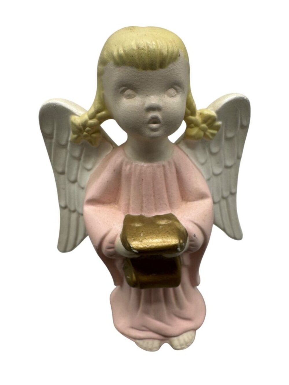 Vintage Holland Mold Ceramic Angel Figurine With Pink Dress & Gold Book READ